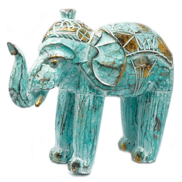 Hout Gesneden Olifant | Turkoois & Goud | 8 x 27 x 24cm
