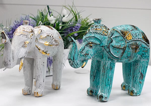Hout Gesneden Olifant | Turkoois & Goud | 8 x 27 x 24cm - Afbeelding 2